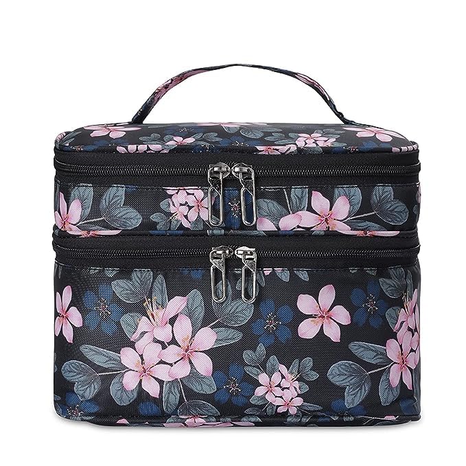 KUKLAR Floral Print Double-Deck Bag, Black with Pink Flowers(Black)