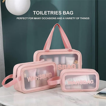 KUKLAR Washbag Pouch Bag for Home & Travel, Toiletry Bag for, Brushes, Accessories Set of 3 (Pink)