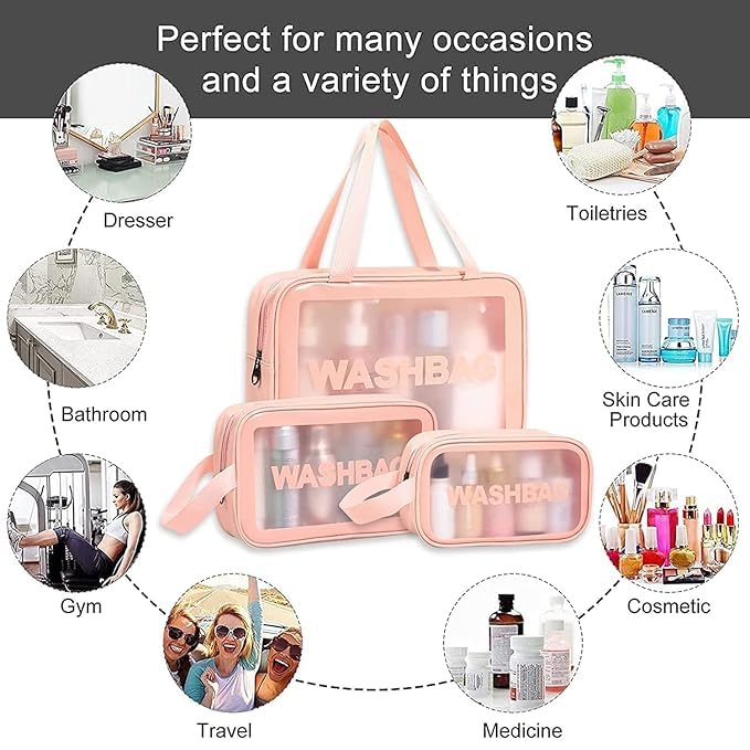 KUKLAR Washbag Pouch Bag for Home & Travel, Toiletry Bag for, Brushes, Accessories Set of 3 (Pink)