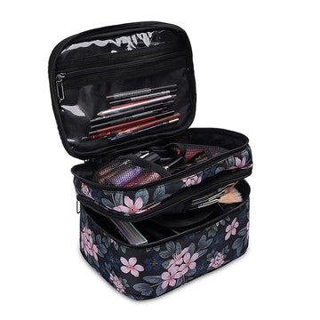 KUKLAR Floral Print Double-Deck Bag, Black with Pink Flowers(Black)