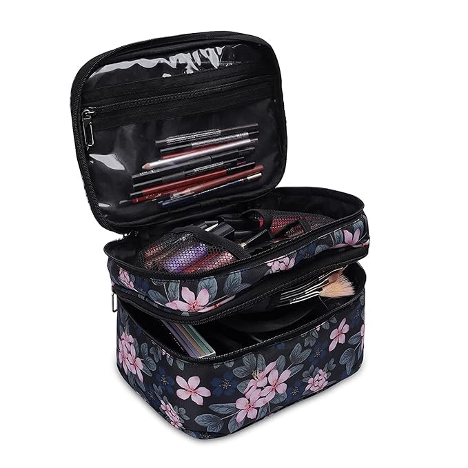 KUKLAR Floral Print Double-Deck Bag, Black with Pink Flowers(Black)
